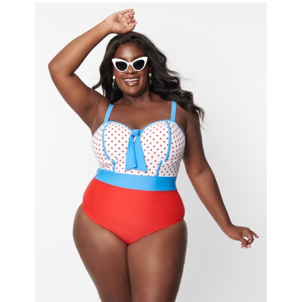 Unique Vintage Swim One Piece Swimsuit Womens 3X Red Blue Polka Dot Pinup Retro